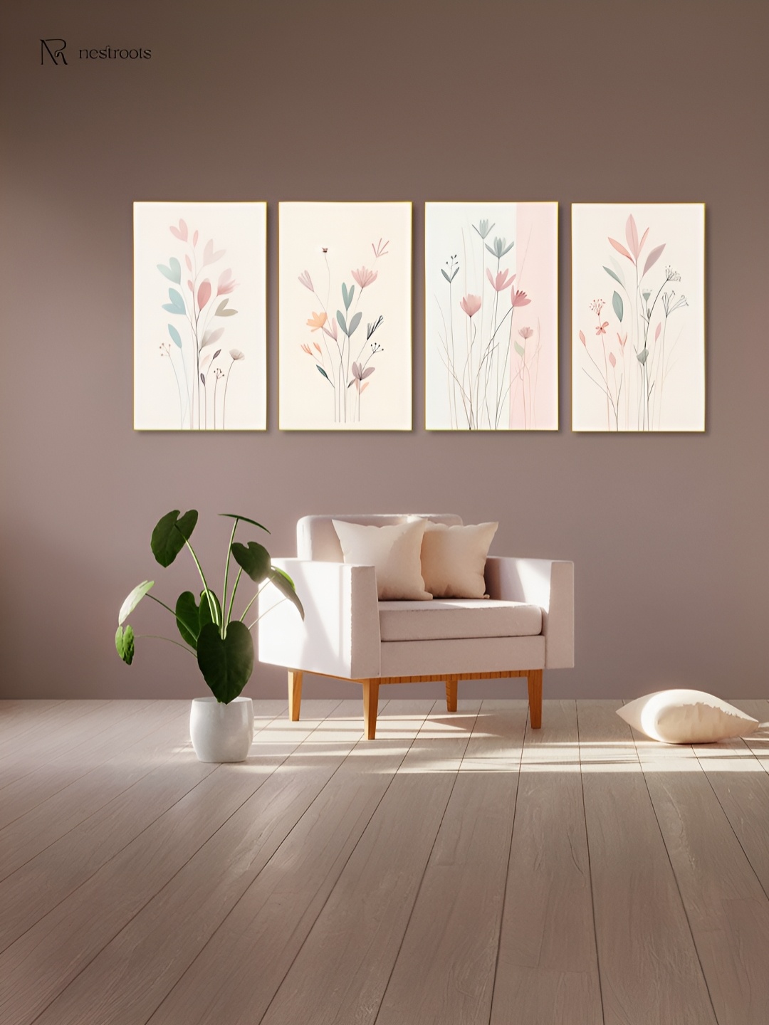 

nestroots Beige & Pink 4 Pieces Elegant Floral Paintings Canvas Wall Art