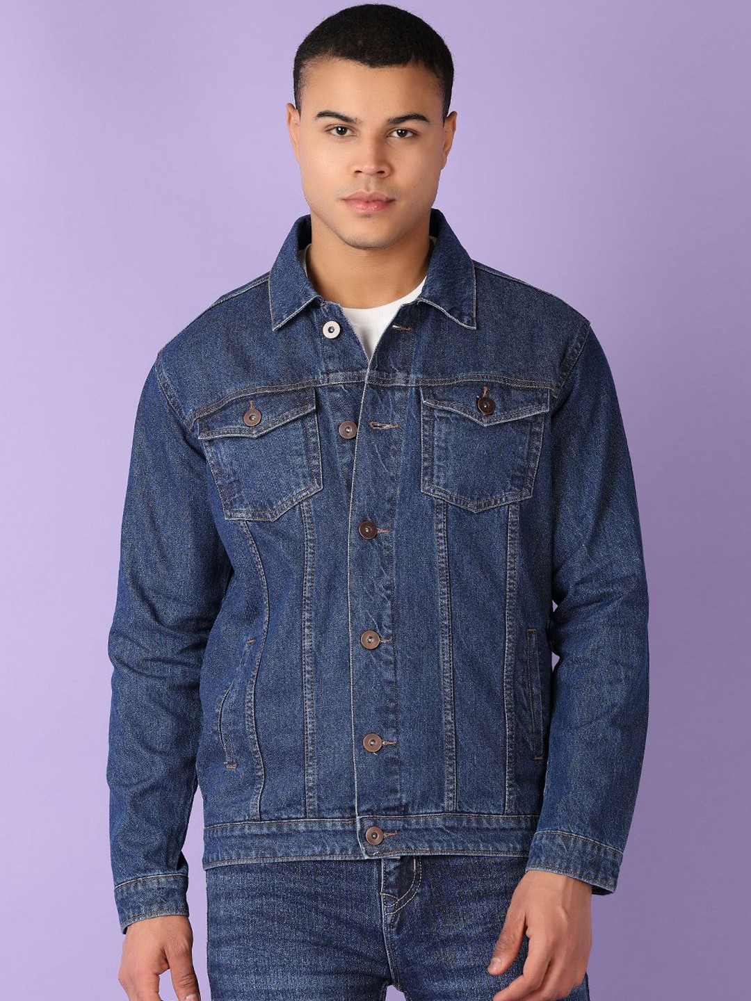 

V-Mart Men Spread Collar Solid Denim Casual Jacket, Blue
