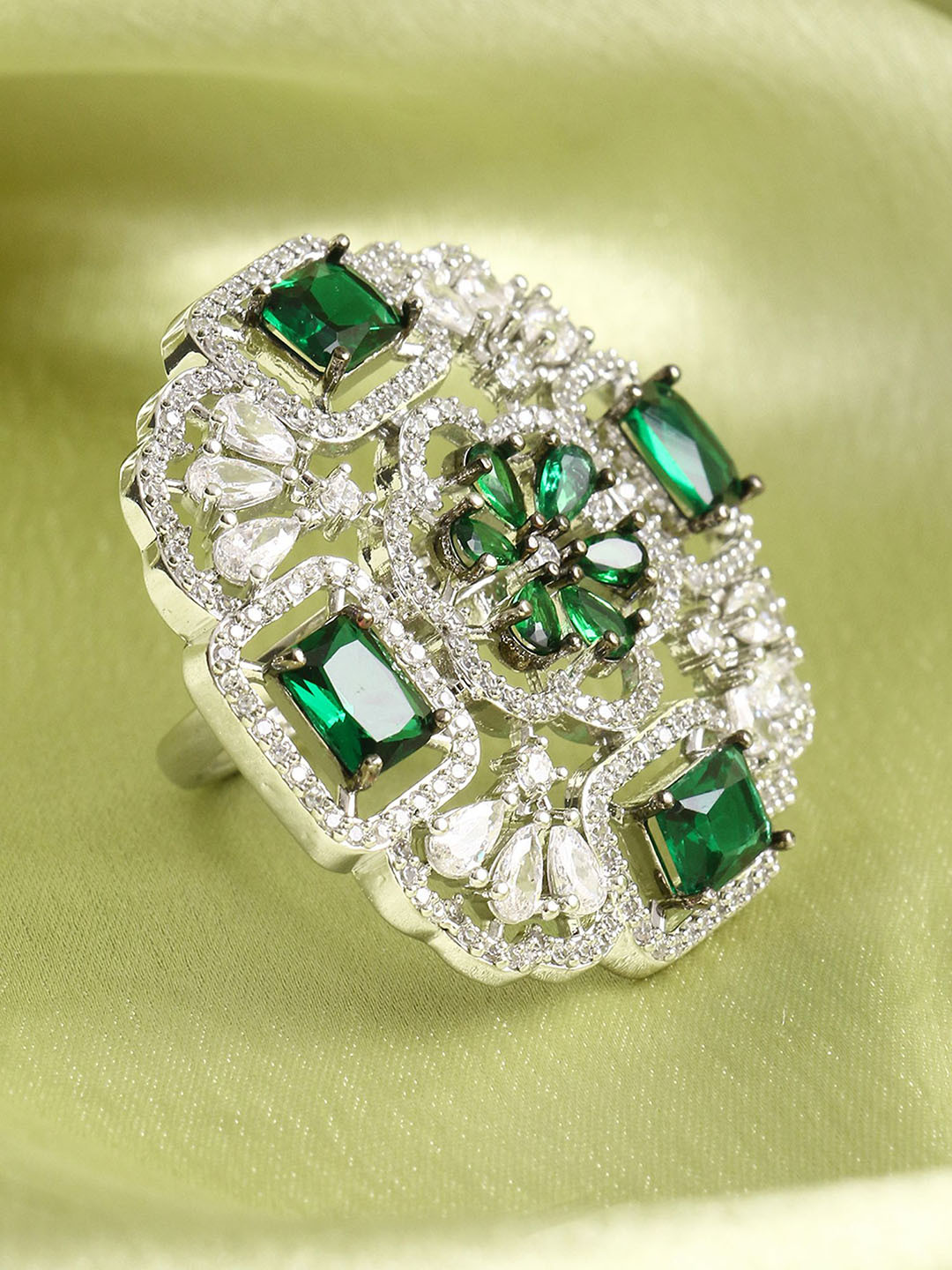 

Adwitiya Collection Rhodium Plated Emerald American Diamond Studded Adjustable Finger Ring, Silver
