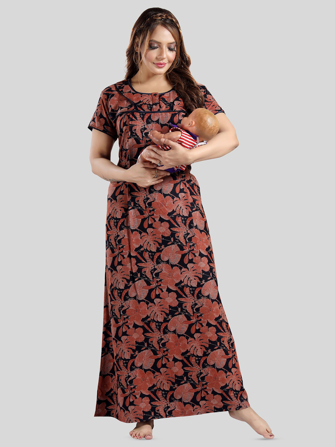 

Fabme Women Printed Maxi Nightdress, Orange