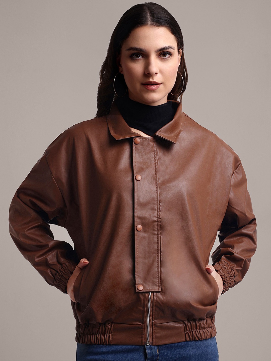 

iki chic Women Spread Collar Solid Casual Leather Jacket, Brown