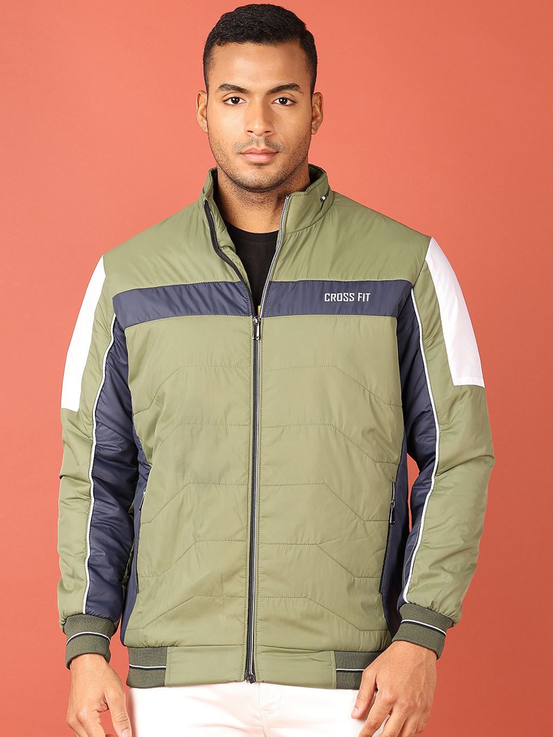 

V-Mart Men Mock Collar Colourblocked Cotton Casual Padded Jacket, Green