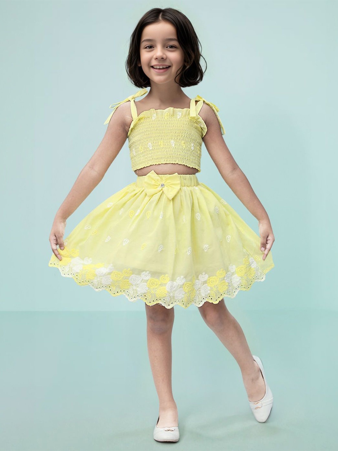 

Toonyport Girls Floral Pure Cotton Embroidered Top With Skirt, Yellow