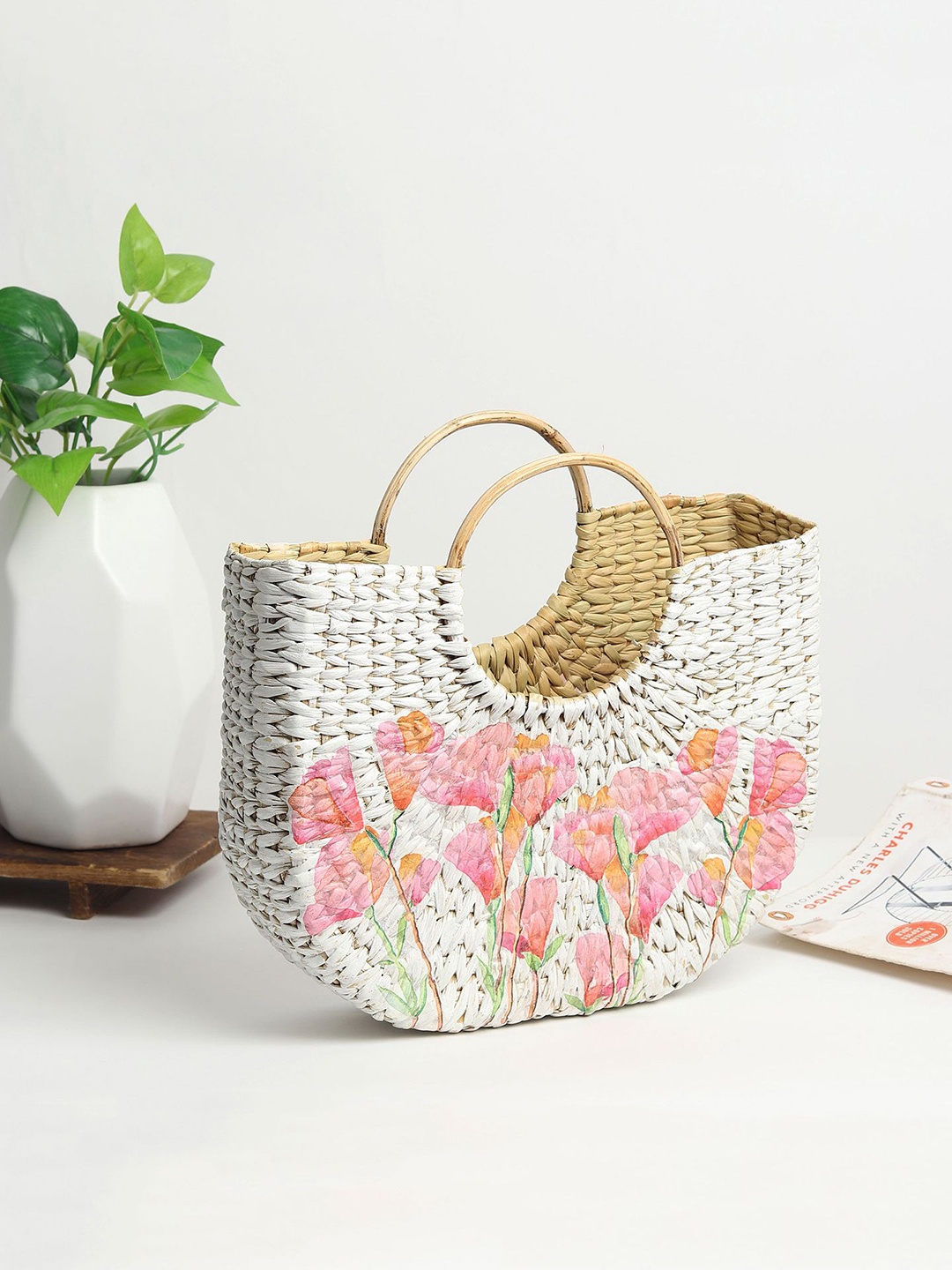 

HABERE INDIA Women Floral Printed Half Moon Tote Bag, White