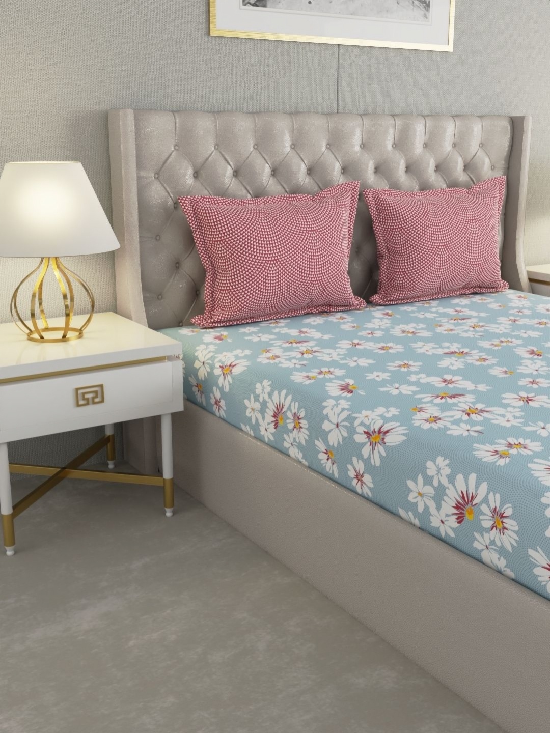 

Raymond Home MYSTIQUE Blue Floral Printed Cotton 110 TC Queen Bedsheet Set 2.54 x 2.24m