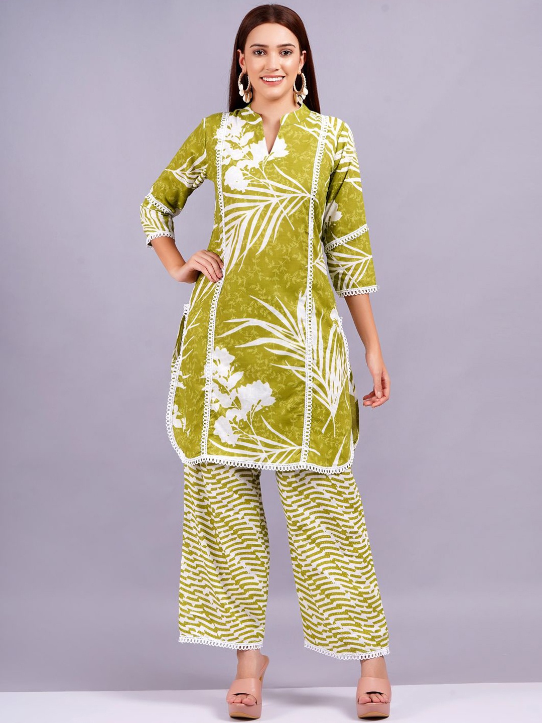 

HIGHLIGHT FASHION EXPORT Printed Pure Cotton Tunic & Trouser Co-Ords, Green