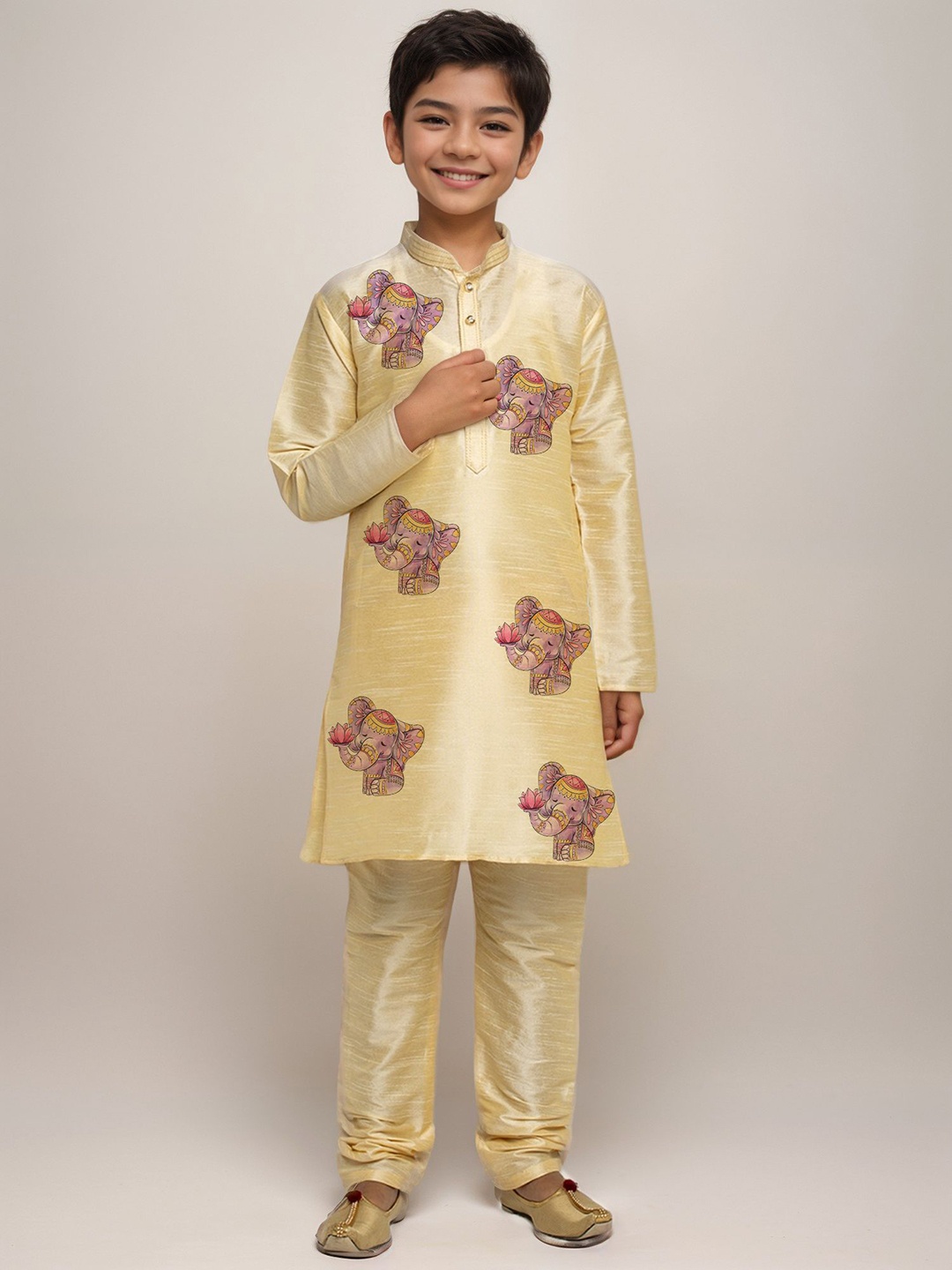 

DEVOILER Boys Animal Printed Regular Art Silk Straight Kurta with Churidar, Beige