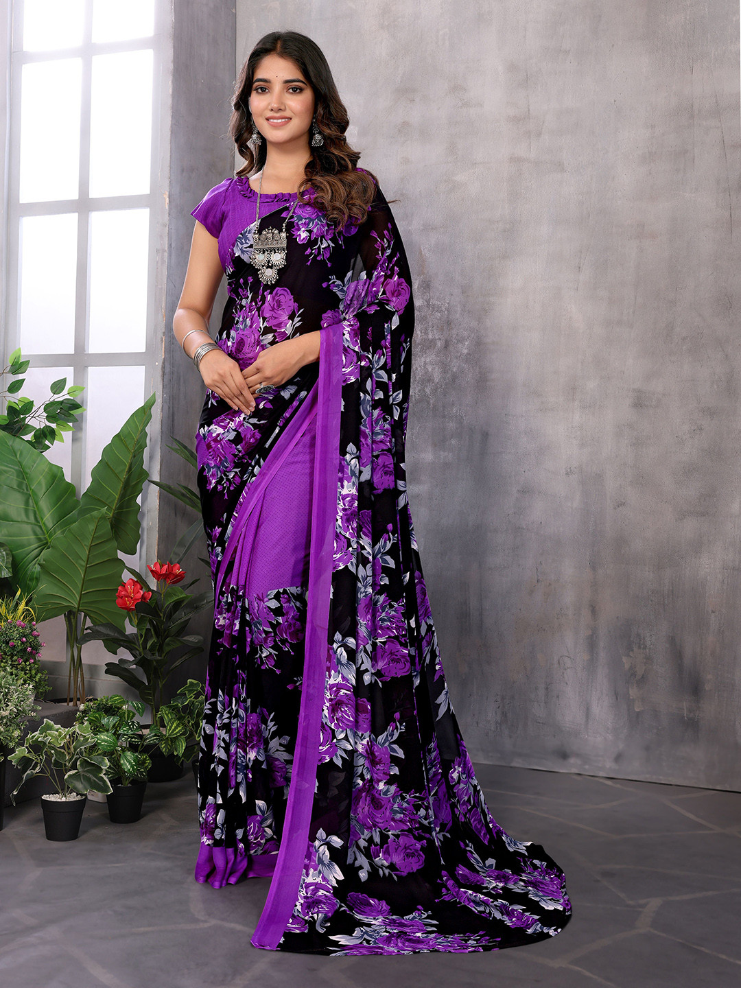 

KALINI Floral Printed Saree, Purple