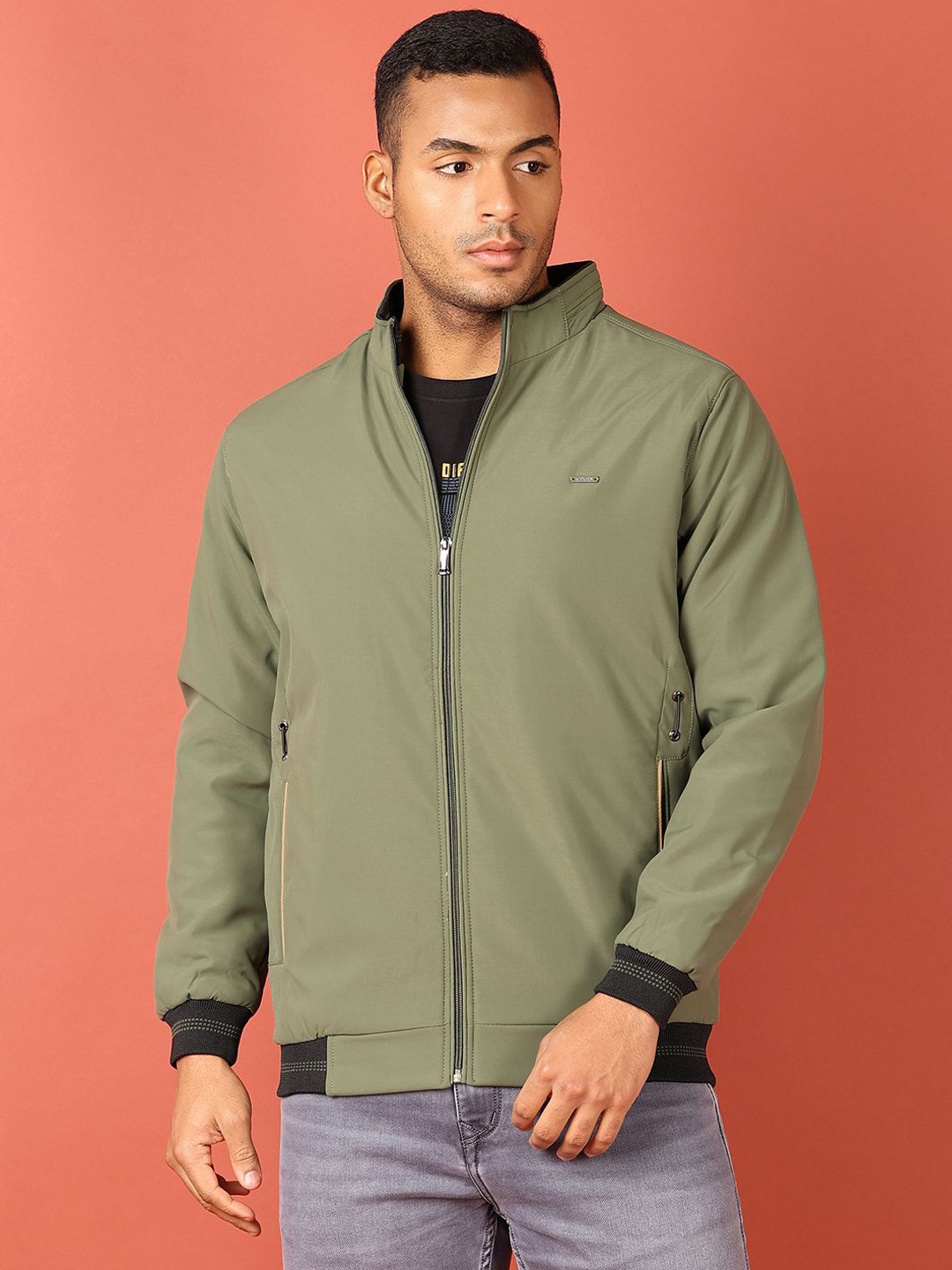 

V-Mart Men Mock Collar Solid Cotton Casual Bomber Jacket, Olive