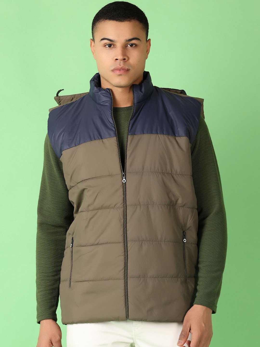 

V-Mart Men Hooded Colourblocked Cotton Casual Padded Jacket, Khaki