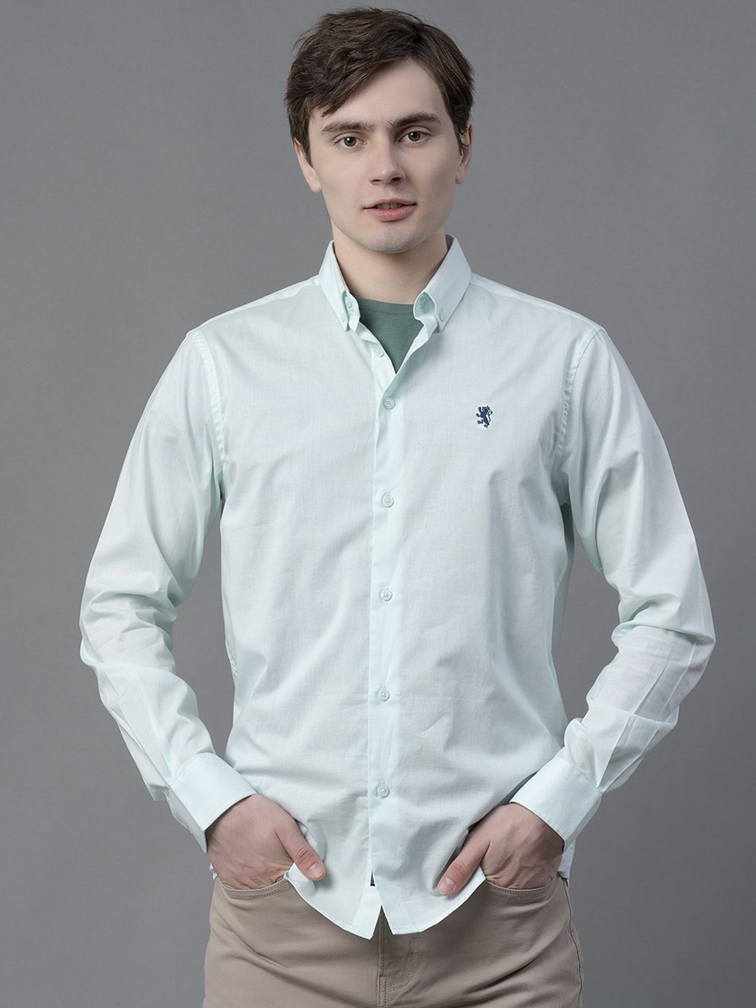 

Red Tape Men Button-Down Collar Solid Cotton Casual Shirt, Sea green