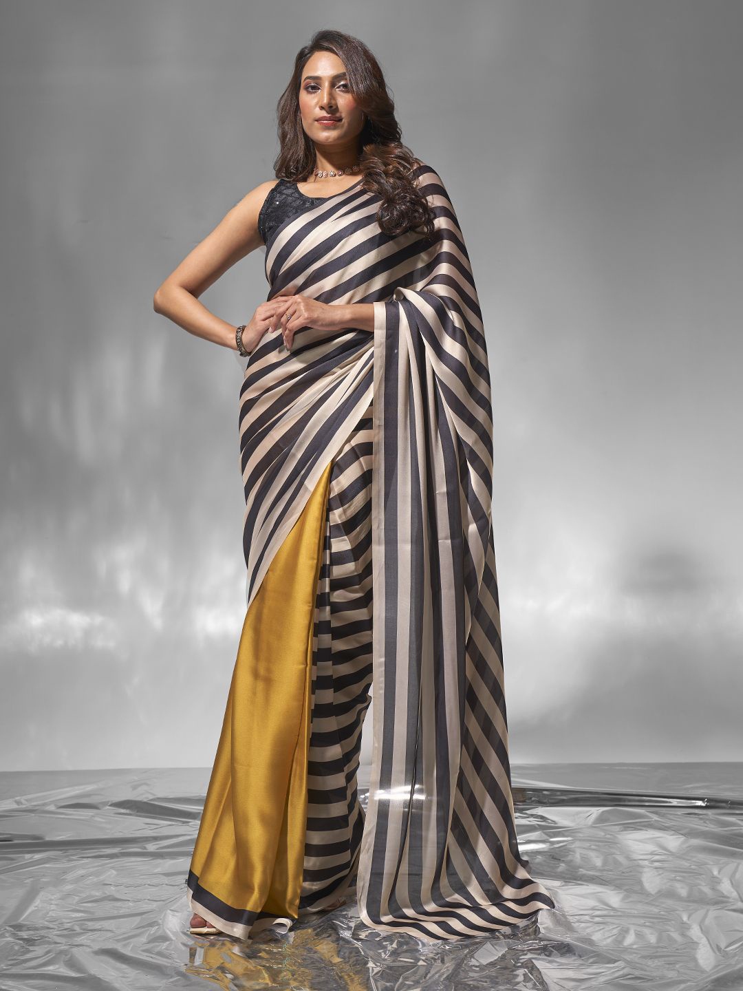

Kalista Striped Satin Ready to Wear Saree, Black