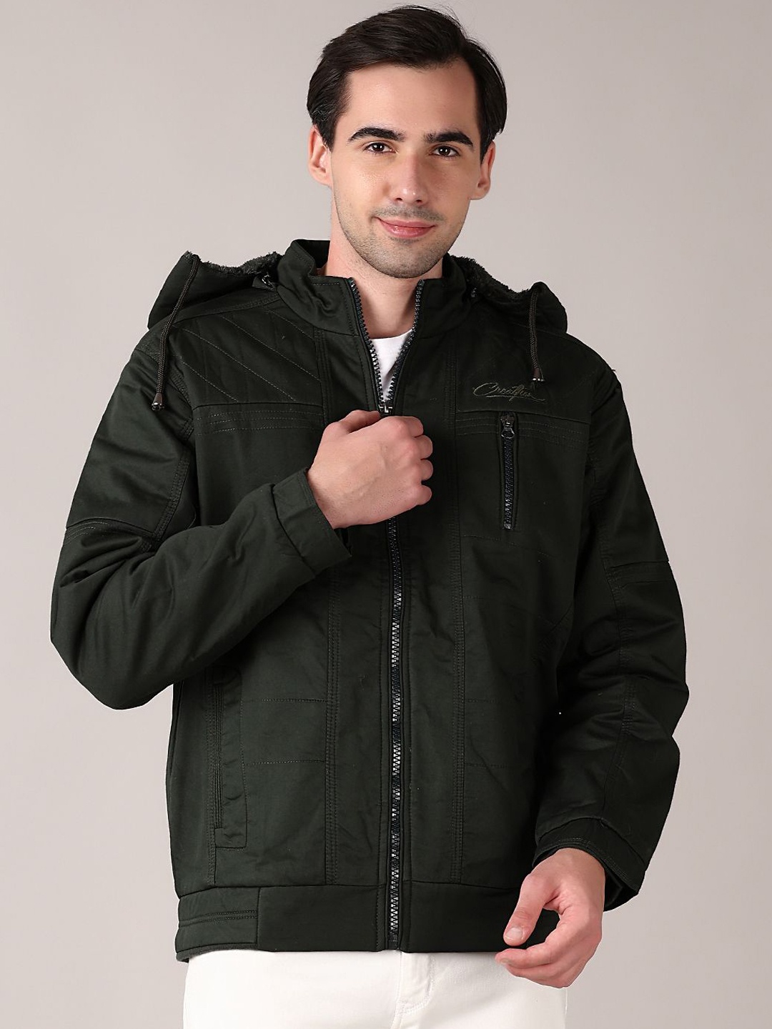

V-Mart Men Hooded Solid Cotton Casual Bomber Jacket, Olive