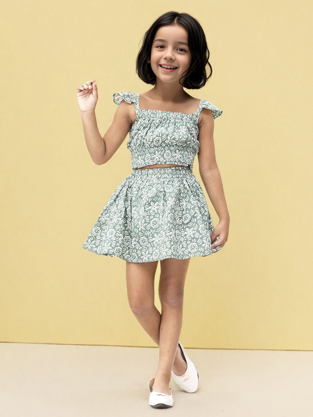 

Toonyport Girls Pure Cotton Top with Skirt, Green