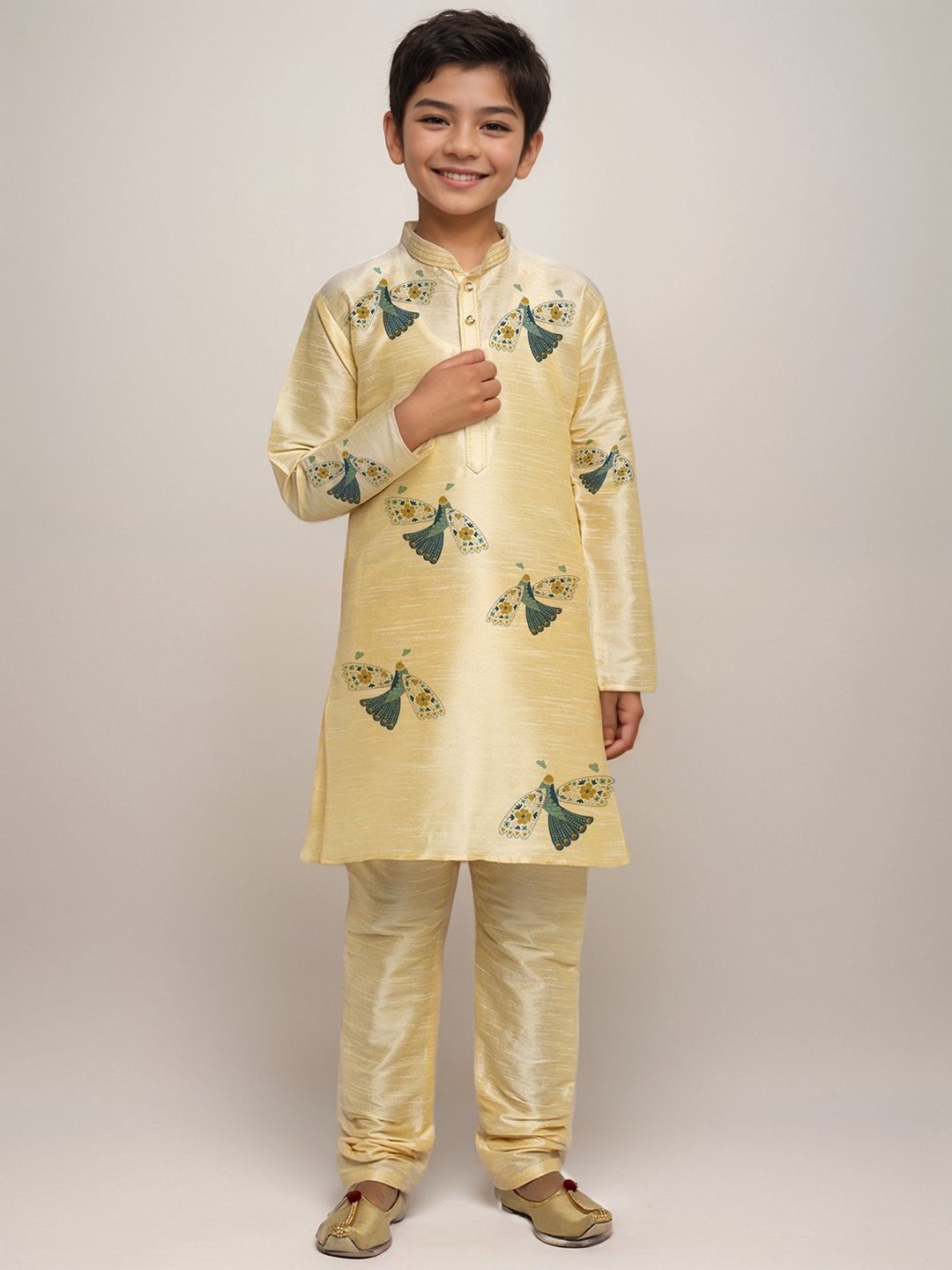 

DEVOILER Boys Ethnic Motifs Printed Regular Art Silk Straight Kurta with Churidar, Beige