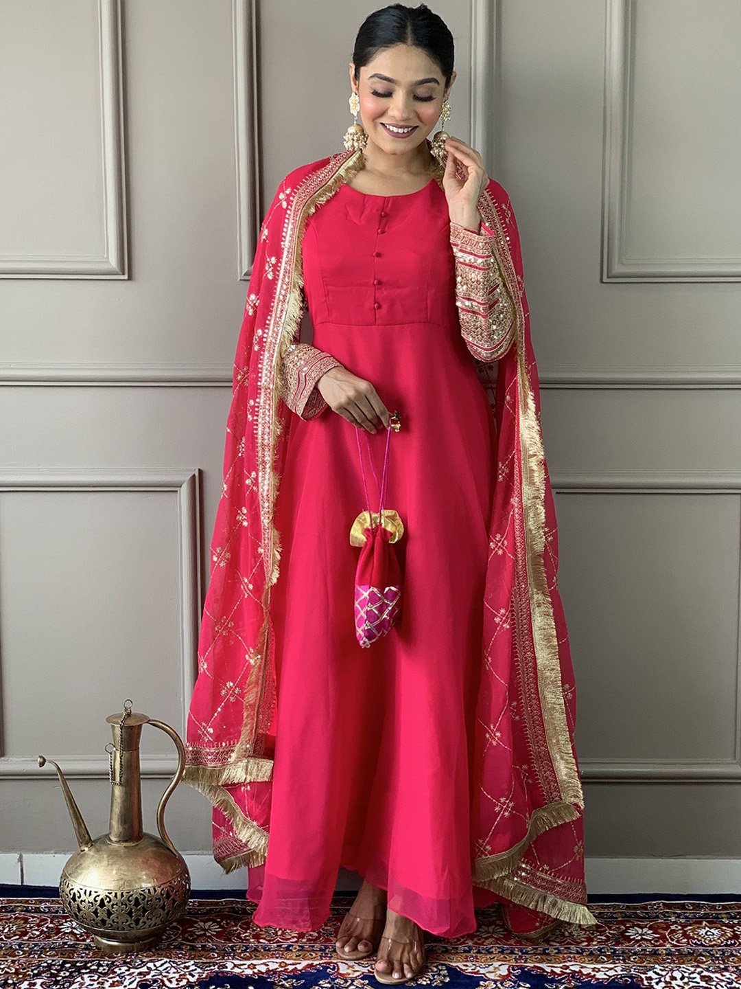 

KALINI Round Neck Georgette Anarkali Kurta with Trousers & Dupatta, Pink