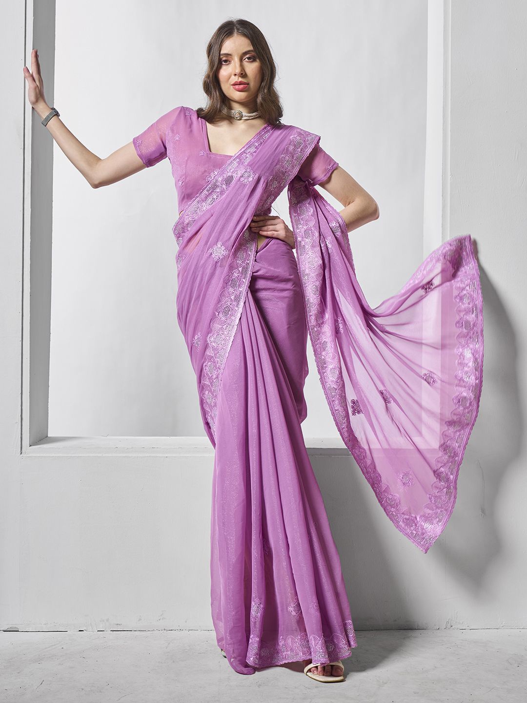 

Kalista Floral Embroidered Pure Chiffon Ready to Wear Saree, Lavender