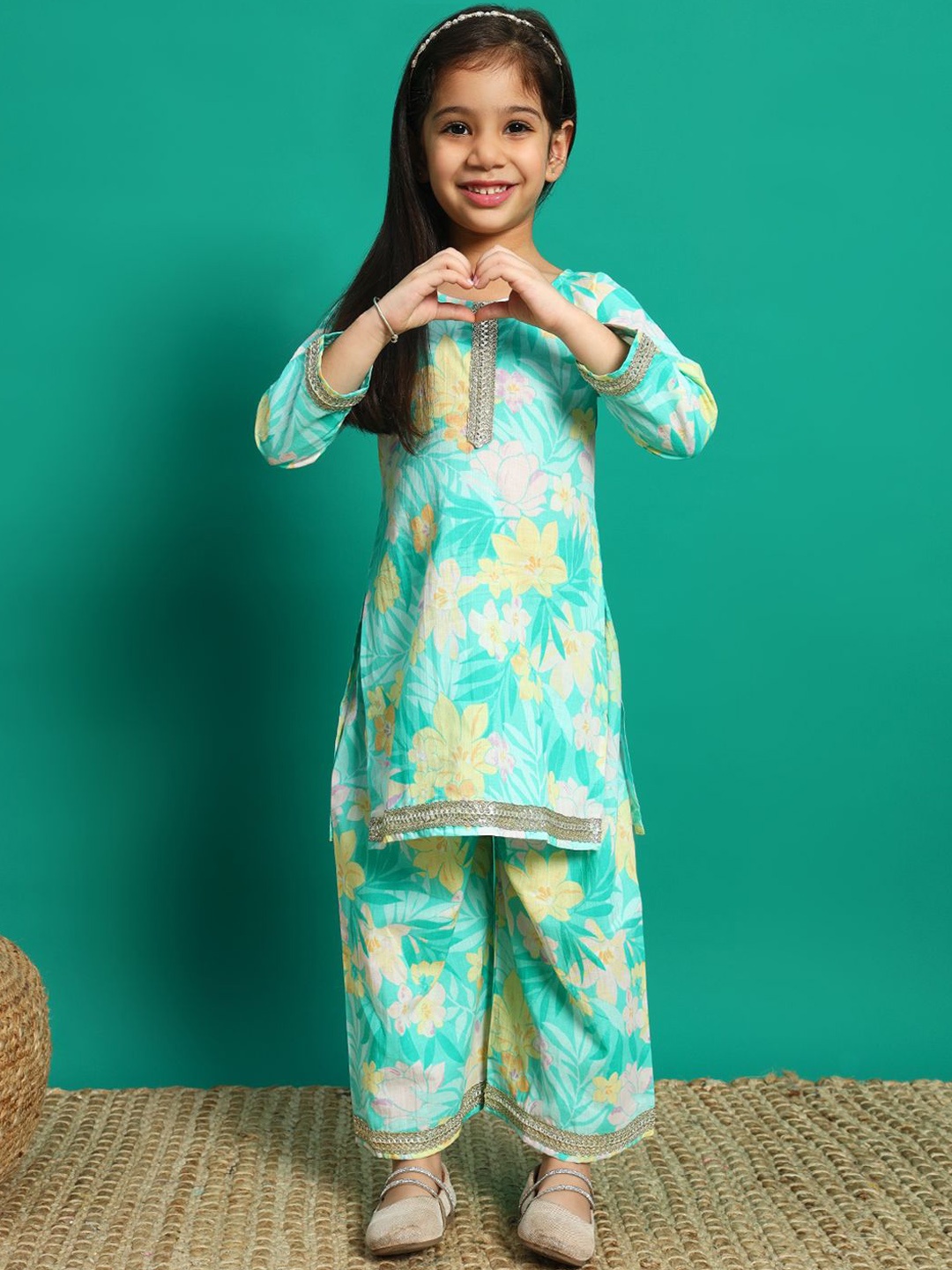 

Readiprint Girls Floral Printed Gotta Patti Pure Cotton Kurti with Palazzo, Sea green