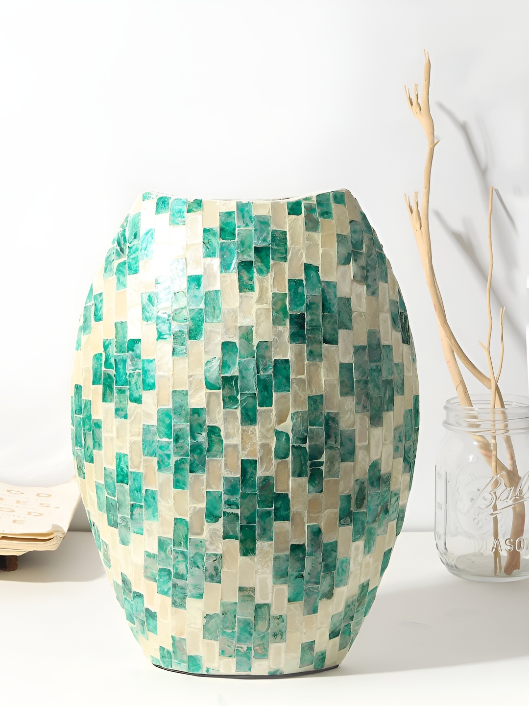 

HABERE INDIA Blue & Beige Geometric Printed Oval Flower Vase