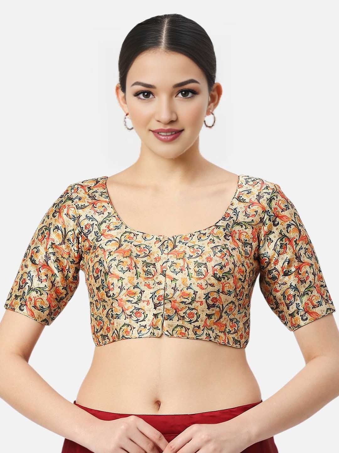 

Biyu Printed Short Sleeves Saree Blouse, Cream