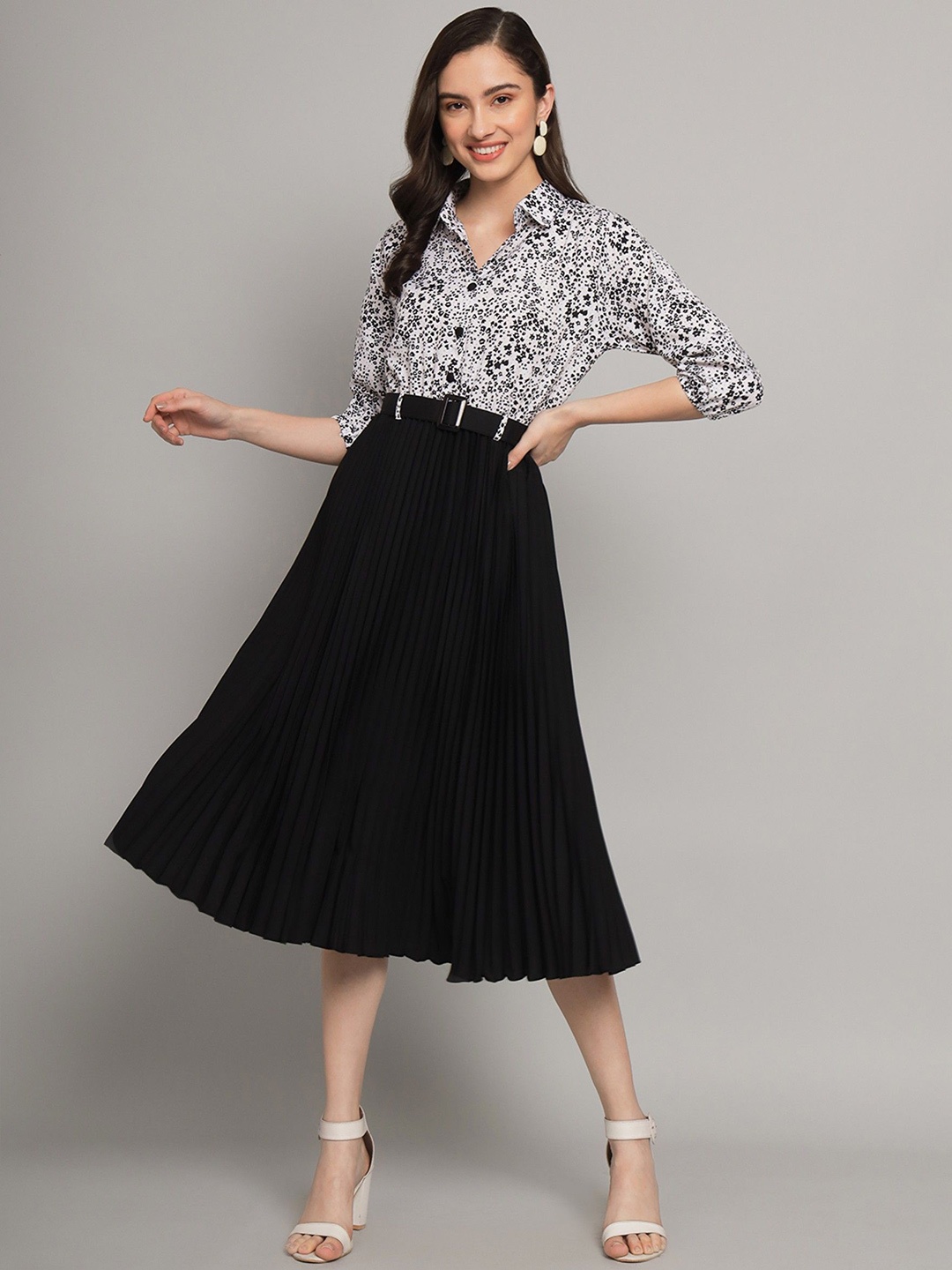

Raiyani Enterprise Abstract Printed Shirt Collar Belted Fit and Flare Midi Dress, Black
