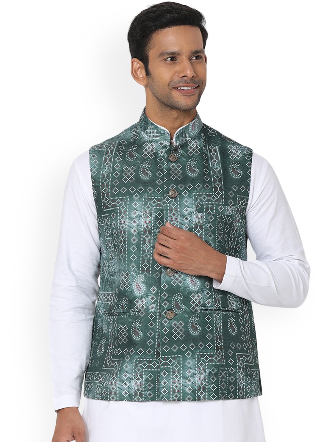 

SALWAR STUDIO Men Printed Nehru Jackets, Green