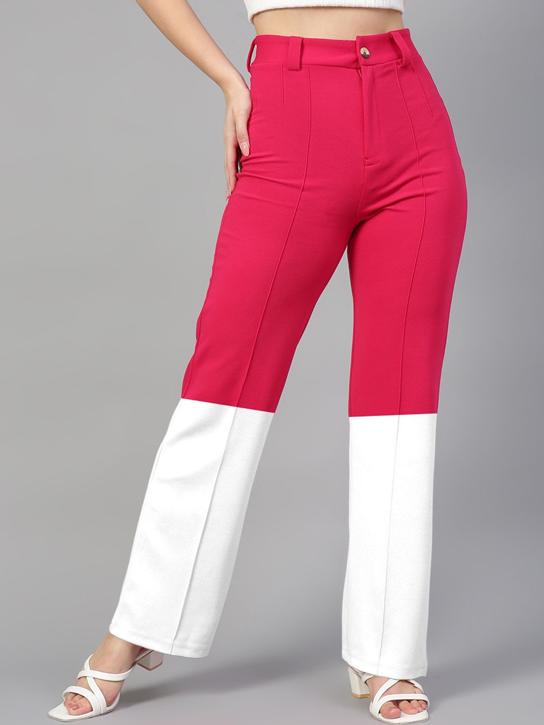 

Kotty Women Colourblocked Relaxed Straight Leg Straight Fit High-Rise Trousers, Pink
