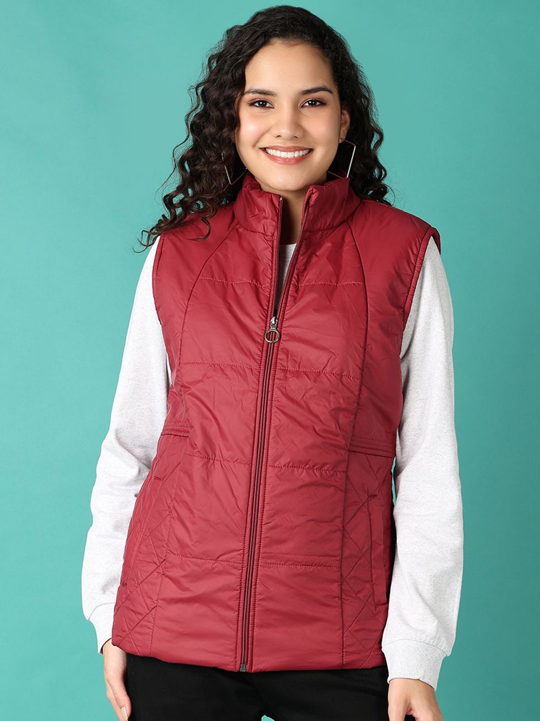 

V-Mart Women Mock Collar Solid Cotton Casual Bomber Jacket, Maroon