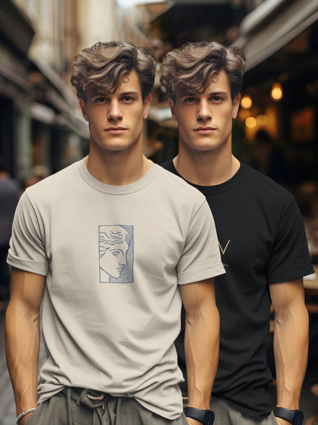 

BULLMER Men Pack Of 2 Graphic Printed Round Neck Cotton T-shirts, Beige