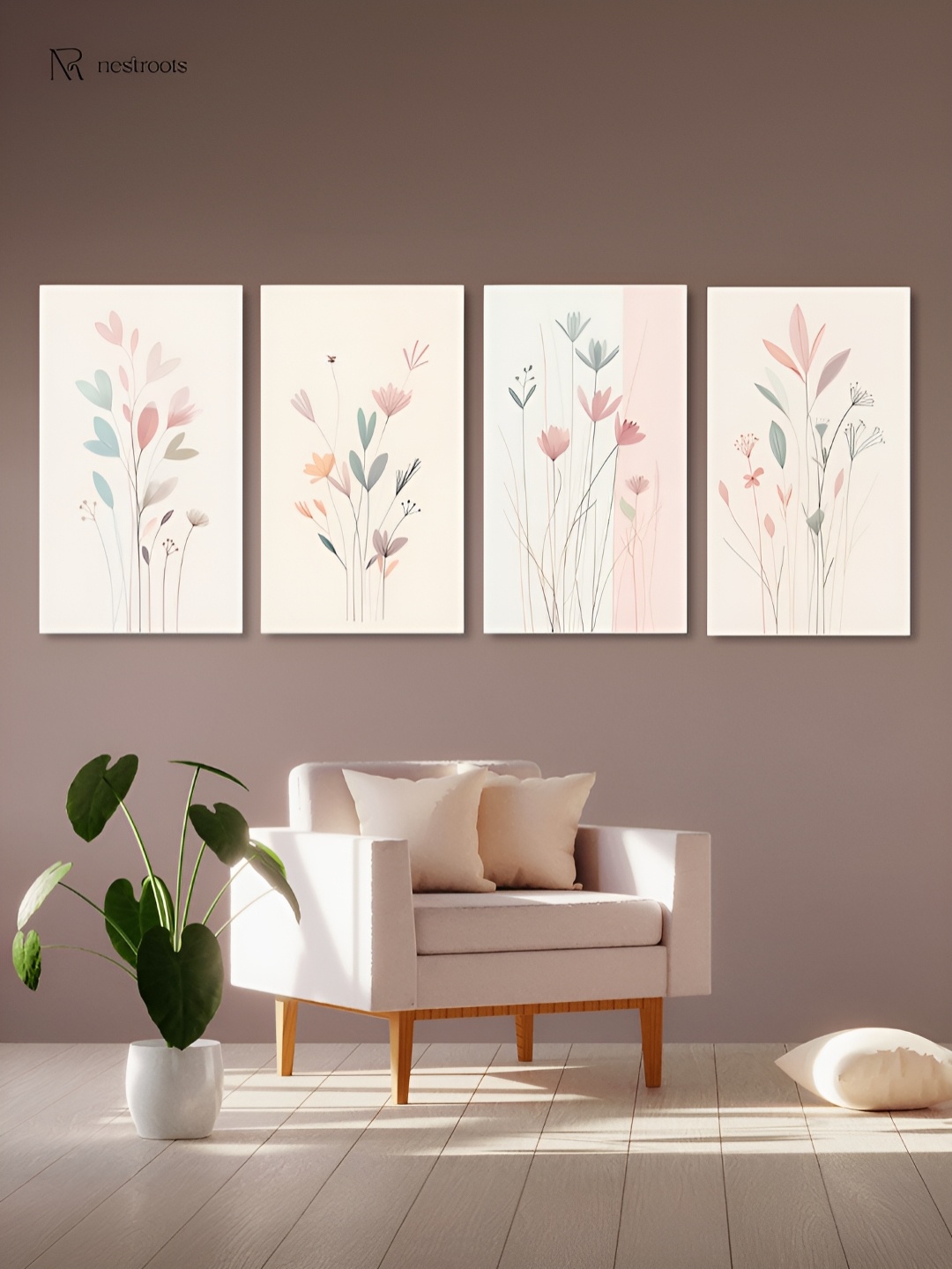 

nestroots Pink 4 Pieces Elegant Floral Canvas Painting Wall Arts