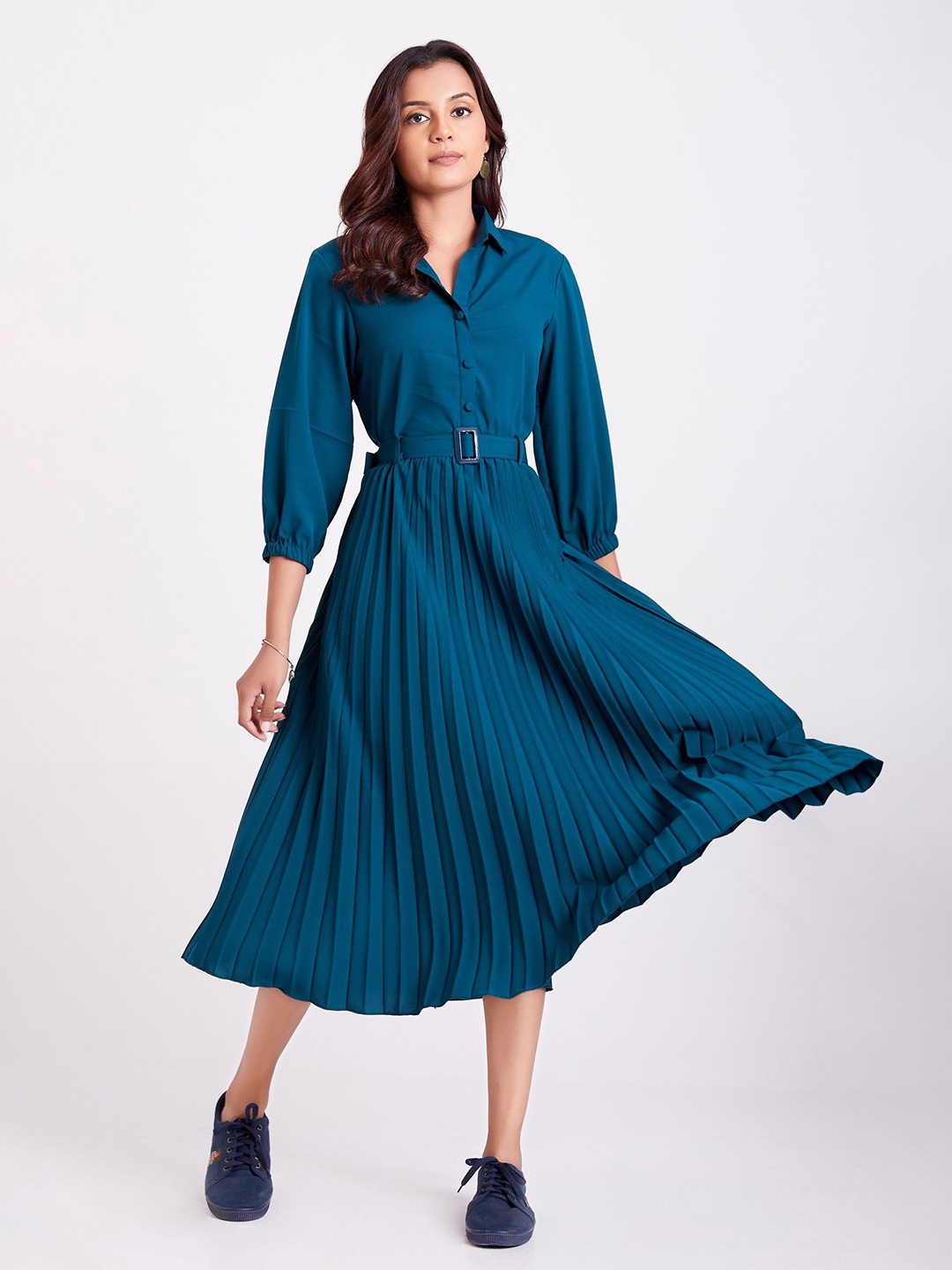 

Raiyani Enterprise Shirt Collar Pleated Fit & Flare Dress, Teal