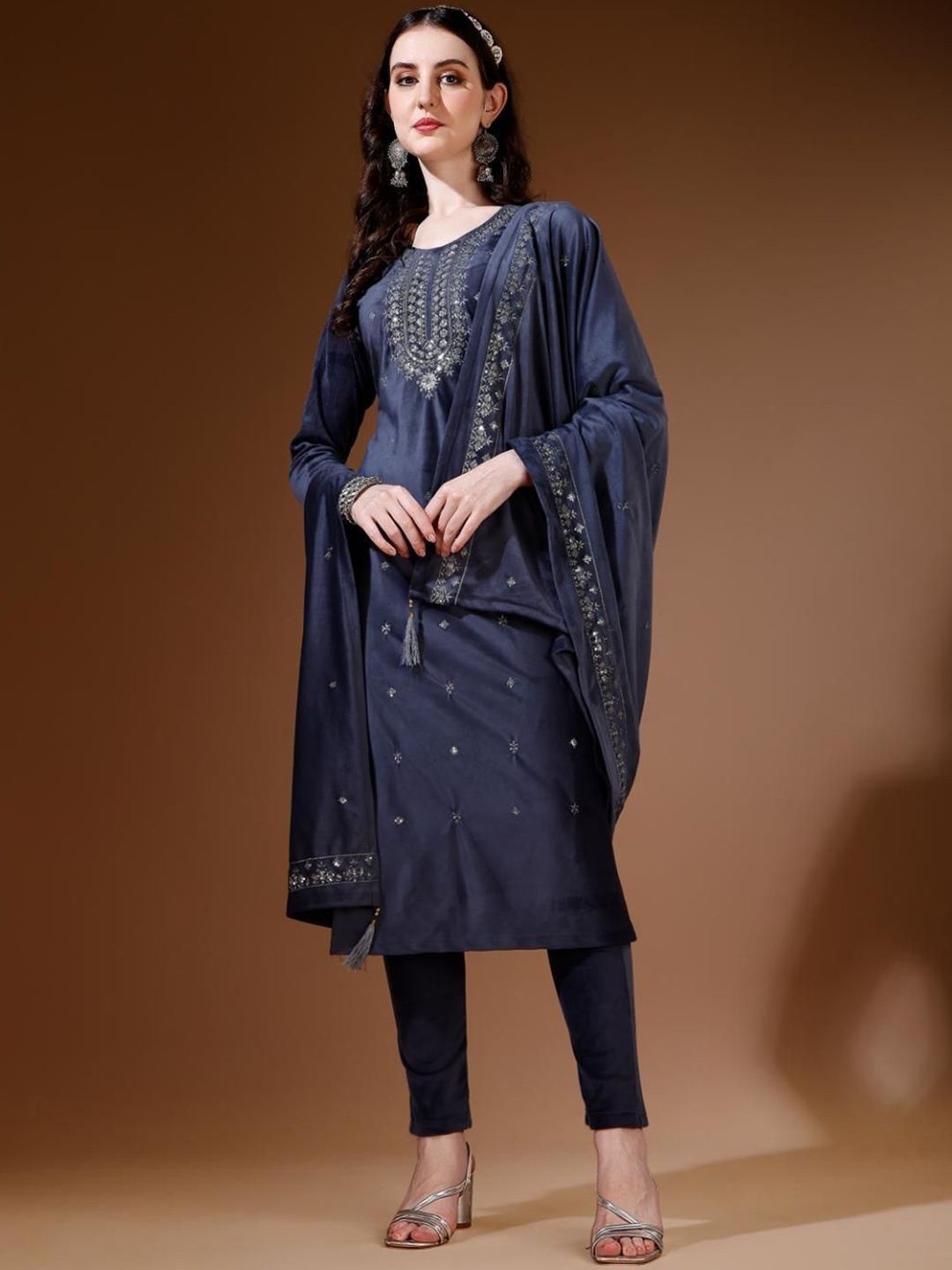 

KALINI Floral Embroidered Straight Sequinned Kurta with Trousers & Dupatta, Grey