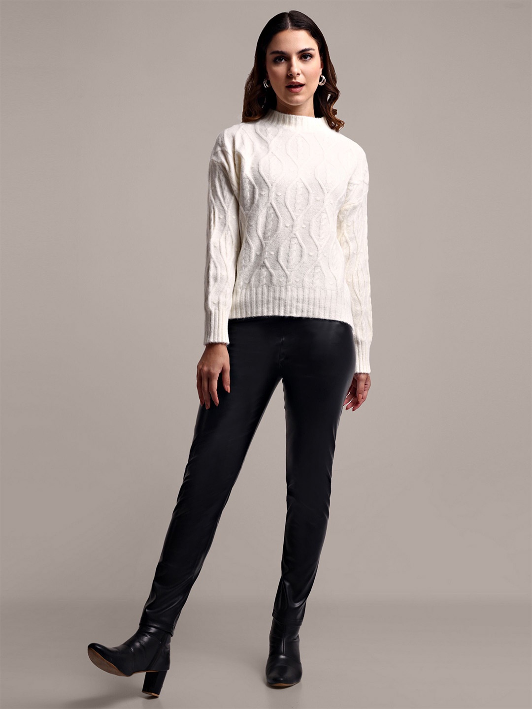 

iki chic Women Cable Knit Ribbed Woollen Pullover Sweater, Off white
