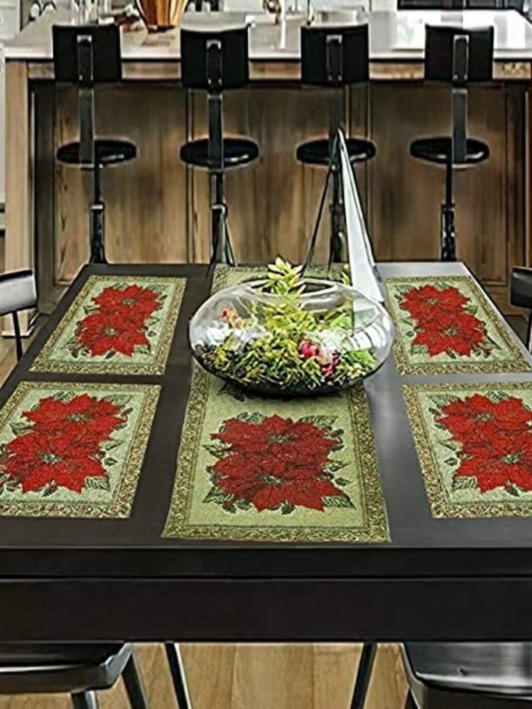 

PRAKARTIK Set of 5 Green Floral Printed Rectangle Shaped Cotton Dining Table Mats With Runner, Red