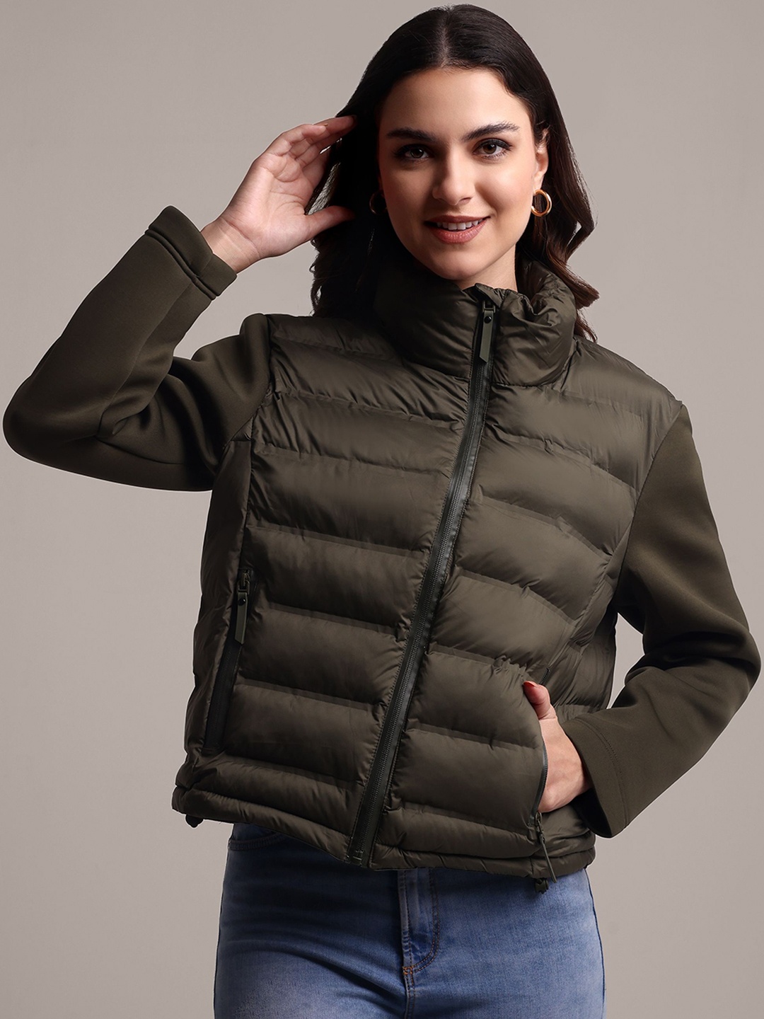 

iki chic Women Mock Collar Solid Casual Puffer Jacket, Olive