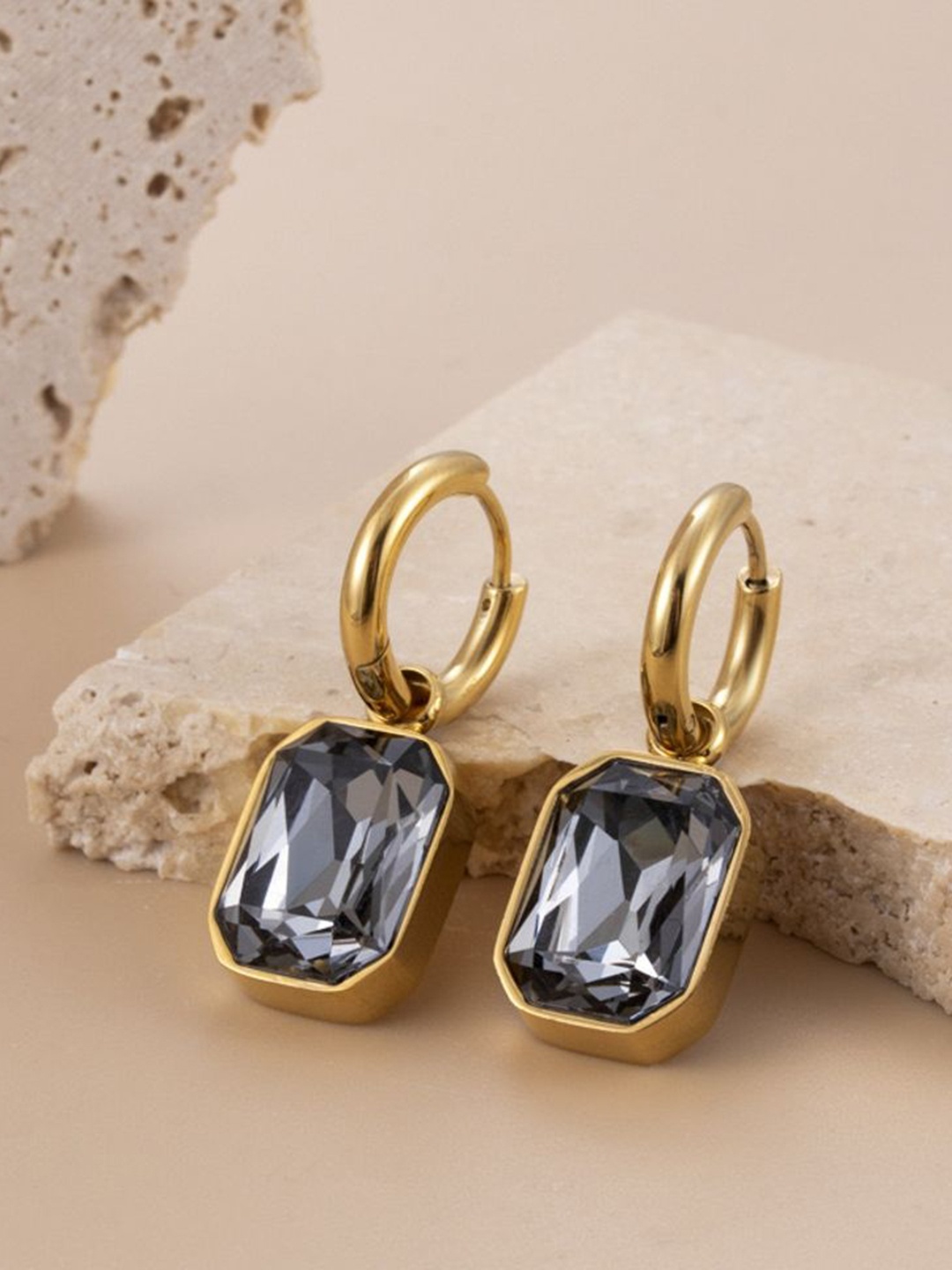 

MYKI Gold-Plated CZ Studded Stainless Steel Contemporary Drop Earrings