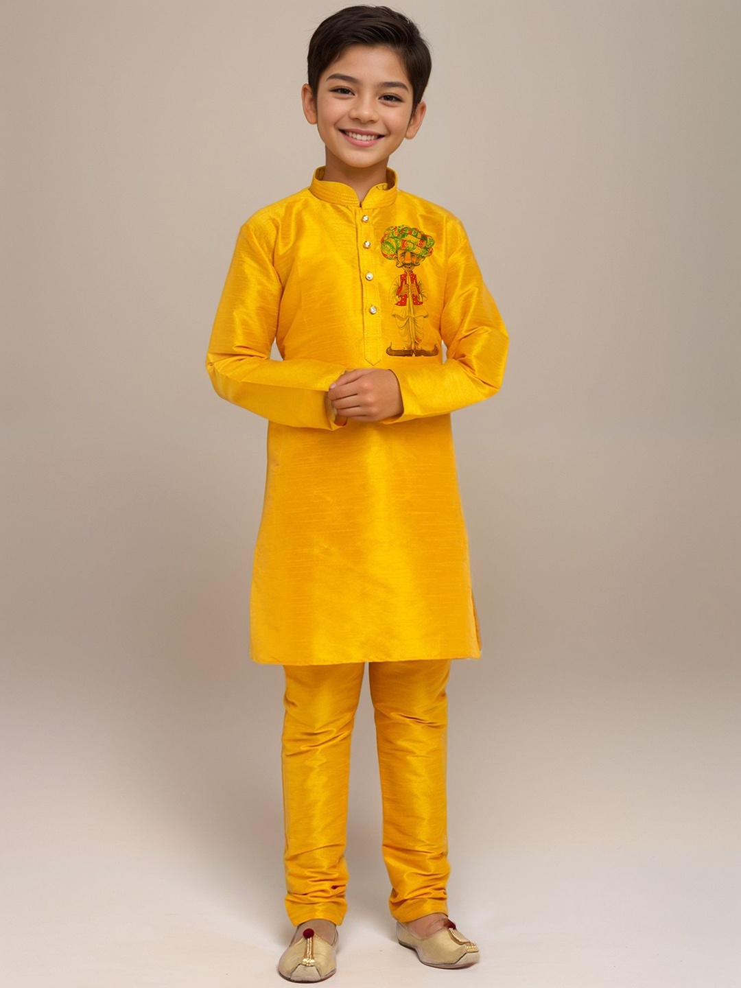 

DEVOILER Boys Graphic Printed Mandarin Collar Dupion Silk Straight Kurta, Yellow