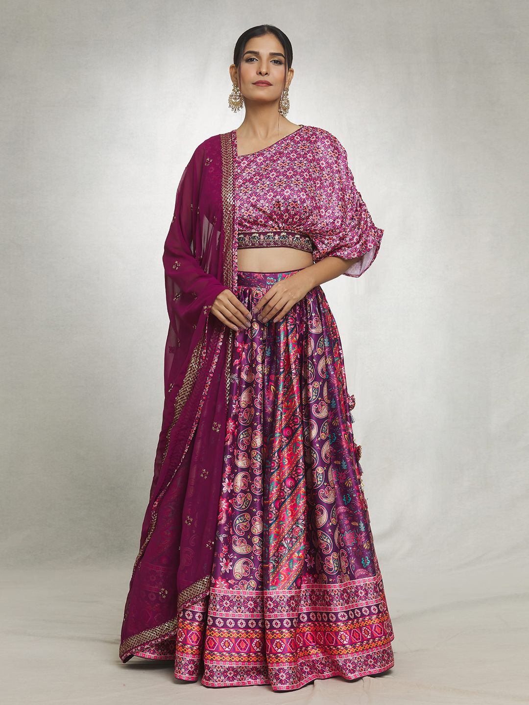 

Samyukta Singhania Printed Ikat Sequinned Ready to Wear Lehenga & Blouse With Dupatta, Purple