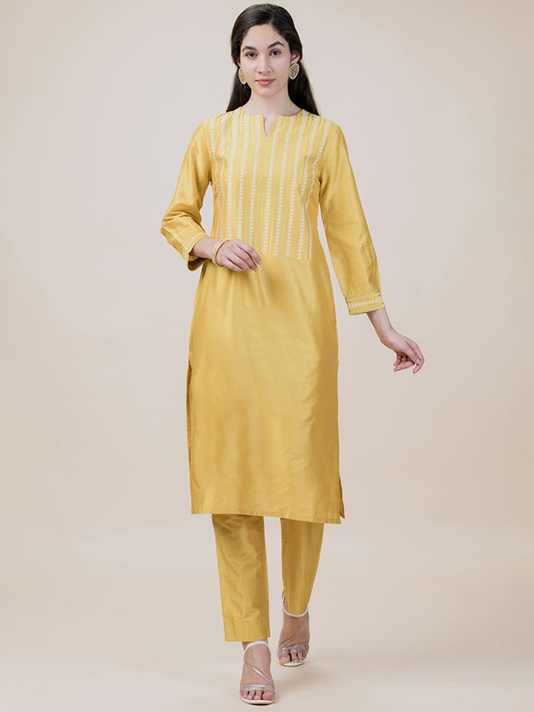 

BARARA ETHNIC Striped Embroidered Notch Neck Straight Kurta With Trousers, Yellow