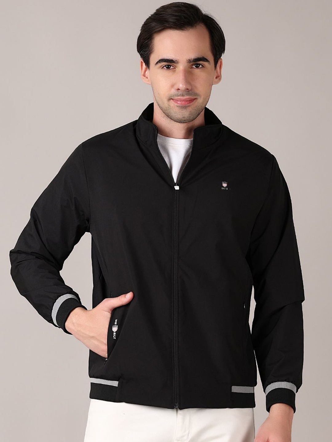 

V-Mart Men Mock Collar Solid Cotton Casual Bomber Jacket, Black