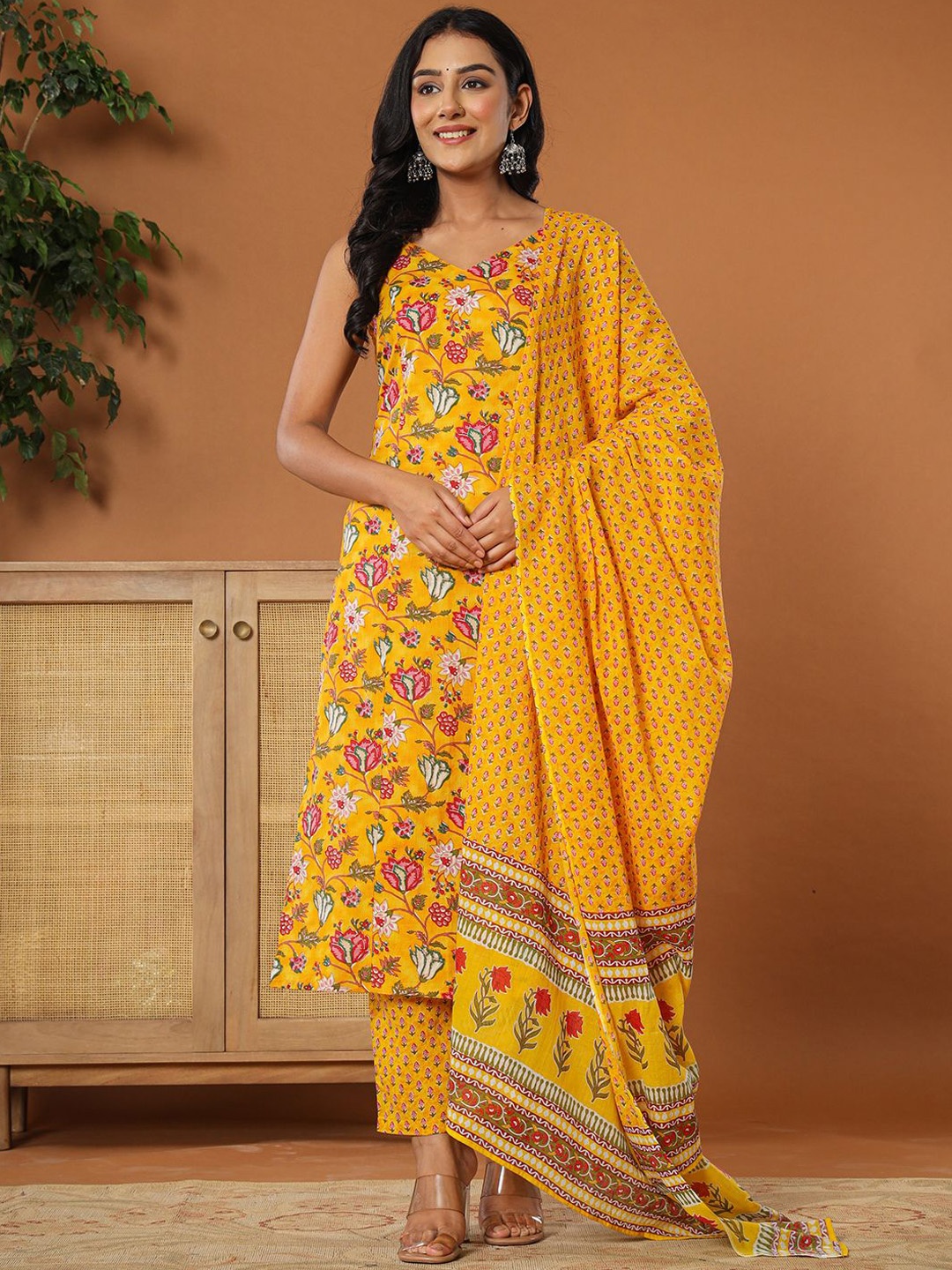 

Yufta Floral Printed Pure Cotton Straight Kurta with Trousers & Dupatta, Mustard