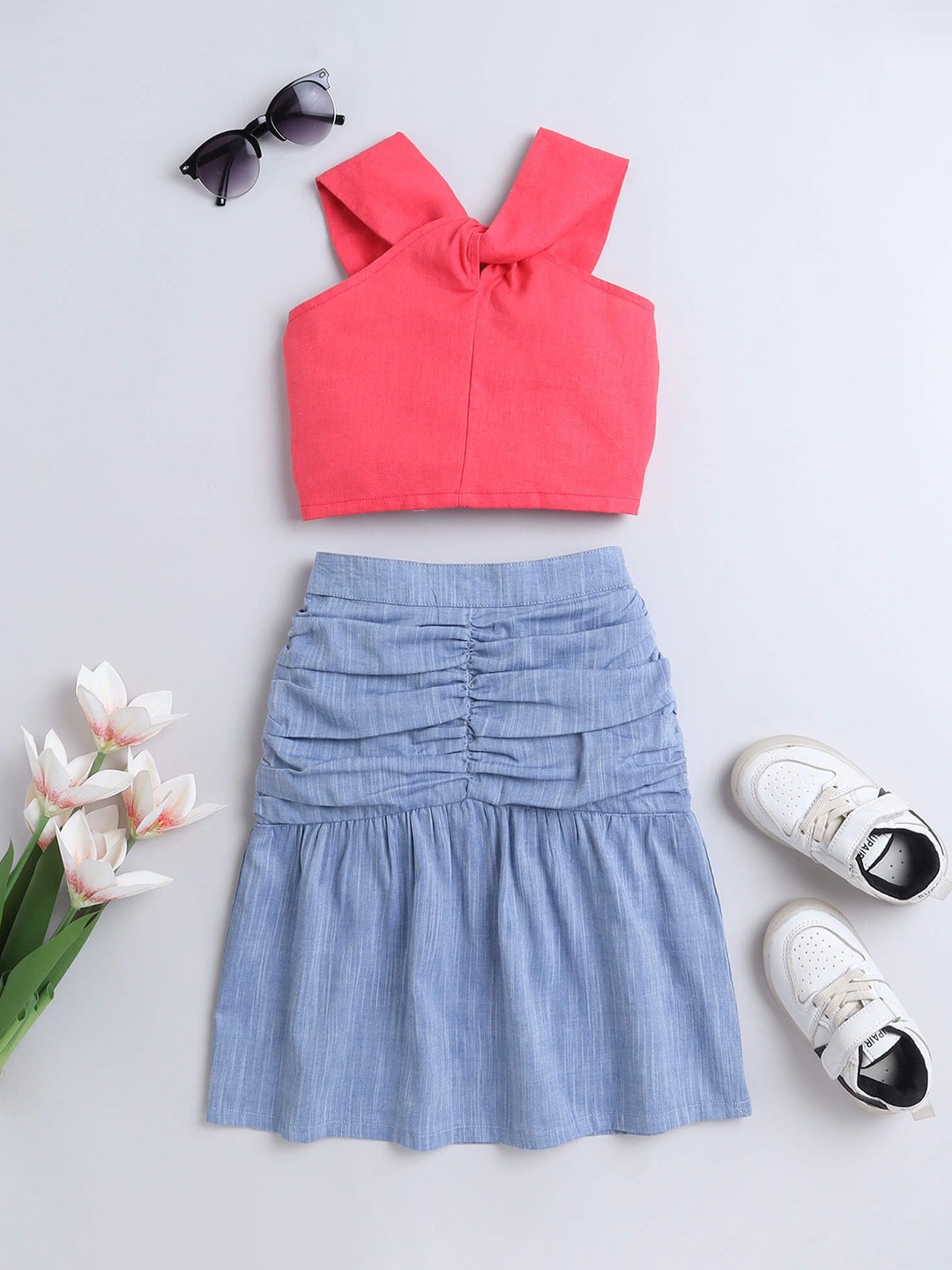 

taffykids Girls Halter Neck Crop Top with Skirt, Coral