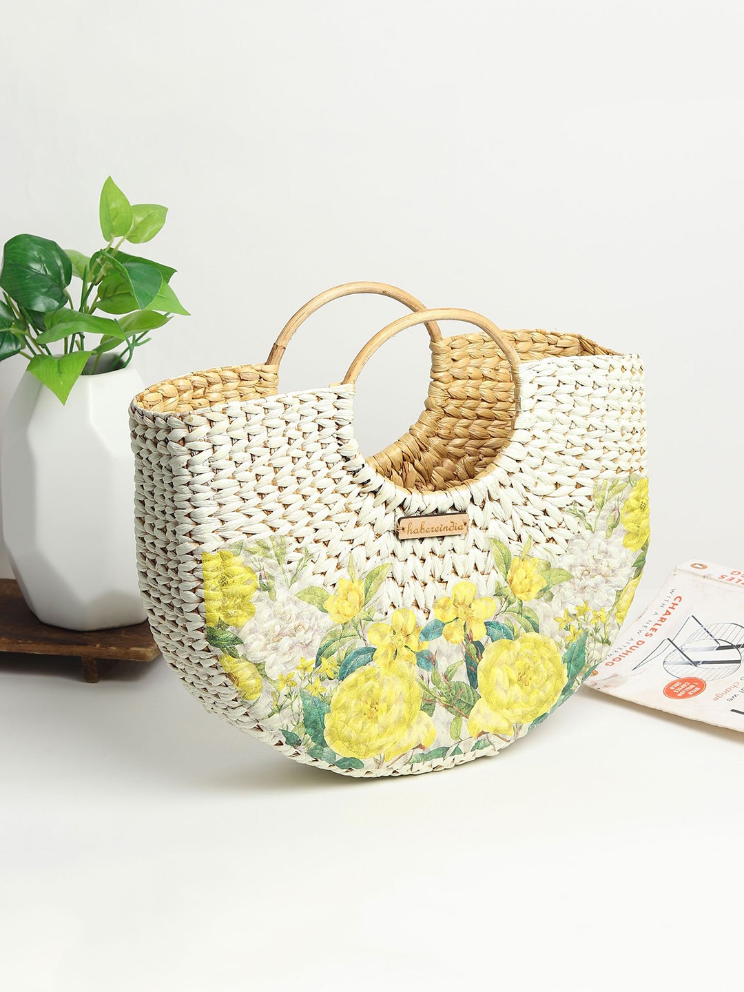 

HABERE INDIA Women Floral Printed Half Moon Tote Bag, White