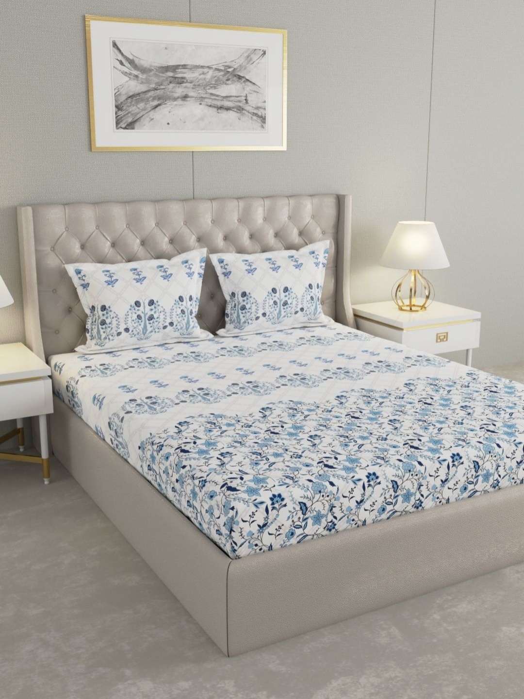 

Raymond Home CRYSTAL Blue Floral Printed Cotton 210 TC King Bedsheet Set 2.74 x 2.74m