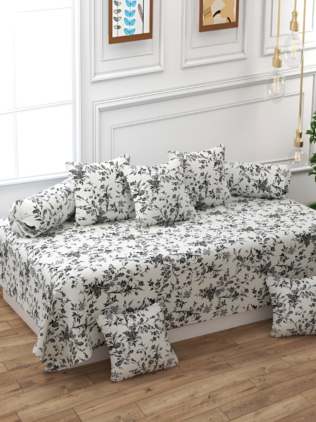 

BELVOSTUM Black & White 8 Pieces Floral Printed Cotton Diwan Set