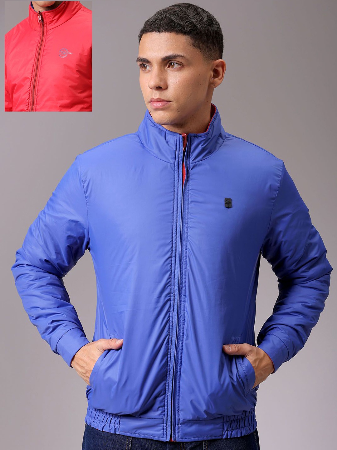 

The Indian Garage Co Men High Neck Solid Revesible Bomber Jacket, Blue