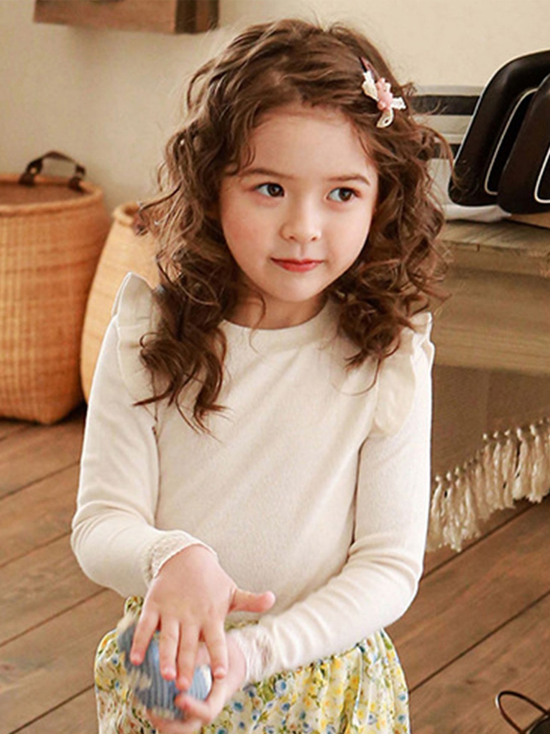 

LULU & SKY Girls Self Design Round Neck Long Sleeves Top, Beige