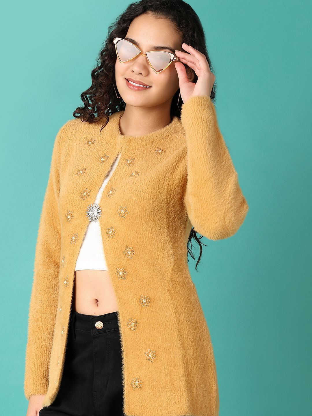 

V-Mart Women Floral Self Design Front-Open Sweater, Mustard