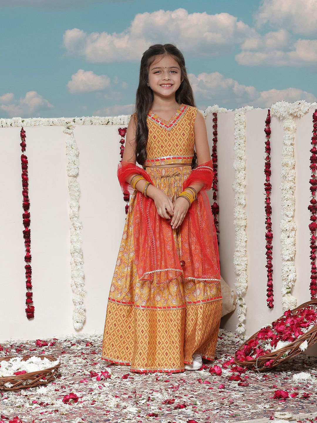 

VASTRAMAY Girls Printed Ready to Wear Lehenga & Blouse With Dupatta, Mustard