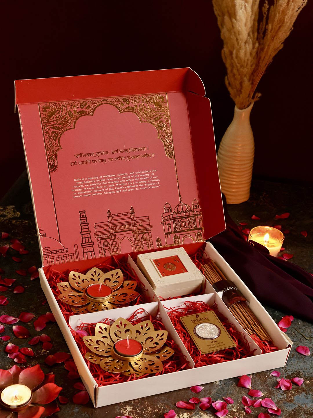 

PANASH c With Fine 999 Silver Coin Diyas Incense Sticks and Charan Paduka, Gold